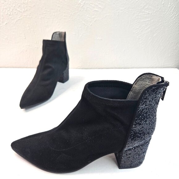 Formal Ankle Booties Size 7 Black Glitter Dressy Block Heel Pointed Toe Boots - Picture 1 of 10